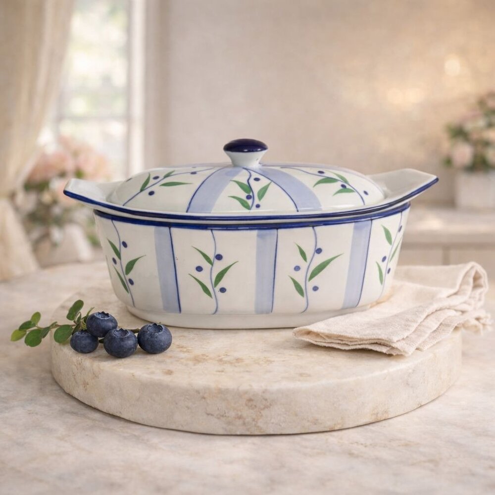 Cook Street Porcelain Butter Boat Blueberry Vine French Country Tabletop Crock
